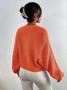 SHEIN Essnce Solid Ribbed Knit Drop Shoulder Sweater - Orange - View 2