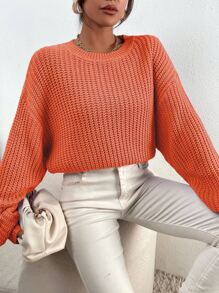 SHEIN Essnce Solid Ribbed Knit Drop Shoulder Sweater - Orange - View 4