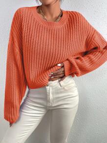 SHEIN Essnce Solid Ribbed Knit Drop Shoulder Sweater - Orange - View 6