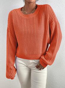 SHEIN Essnce Solid Ribbed Knit Drop Shoulder Sweater - Orange - View 7