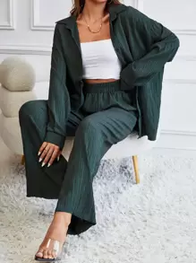 RueChic Bộ đồ hai mảnh nữ Nút phía trước màu trơn Giải trí - Màu xanh lá cây đậm - Xem 1