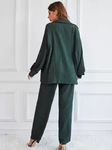 RueChic Bộ đồ hai mảnh nữ Nút phía trước màu trơn Giải trí - Màu xanh lá cây đậm - Xem 2