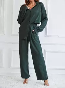 RueChic Bộ đồ hai mảnh nữ Nút phía trước màu trơn Giải trí - Màu xanh lá cây đậm - Xem 6