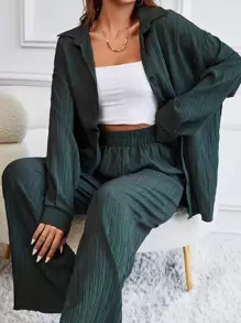 RueChic Bộ đồ hai mảnh nữ Nút phía trước màu trơn Giải trí - Màu xanh lá cây đậm - Xem 7