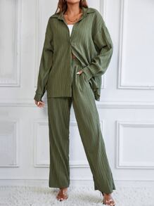 RueChic Camisa de hombros caídos con pantalones - Verde militar - Ver 3