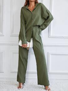 RueChic Camisa de hombros caídos con pantalones - Verde militar - Ver 6