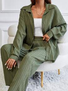 RueChic Camisa de hombros caídos con pantalones - Verde militar - Ver 8