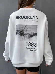 SHEIN Unity 标语和手印保暖衬里运动衫布鲁克林布鲁克林的每一天都让人怀念 1898 年纽约州的回忆，长袖上衣