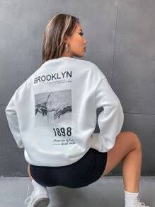 SHEIN Unity 标语和手印保暖衬里运动衫布鲁克林布鲁克林的每一天都让人怀念 1898 年纽约州的回忆，长袖上衣