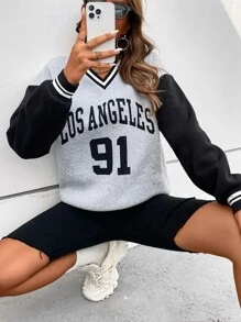 SHEIN Unity Sudadera con estampado de letra de color combinado de hombros caídos ribete de rayas - Gris - Ver 1