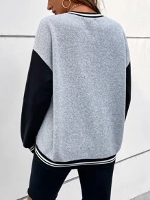 SHEIN Unity Sudadera con estampado de letra de color combinado de hombros caídos ribete de rayas - Gris - Ver 2