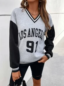 SHEIN Unity Sudadera con estampado de letra de color combinado de hombros caídos ribete de rayas - Gris - Ver 3