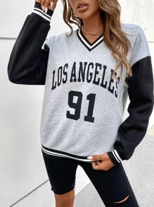 SHEIN Unity Sudadera con estampado de letra de color combinado de hombros caídos ribete de rayas - Gris - Ver 4