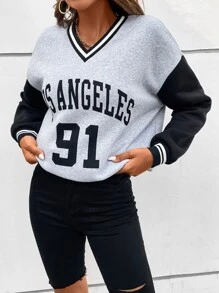 SHEIN Unity Sudadera con estampado de letra de color combinado de hombros caídos ribete de rayas - Gris - Ver 5