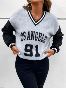 SHEIN Unity Sudadera con estampado de letra de color combinado de hombros caídos ribete de rayas - Gris - Ver 6