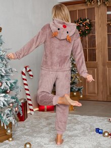 3D Ear Design Hooded Flannel PJ Set, For Christmas - Mauve Purple - View 2