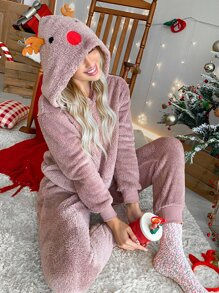 3D Ear Design Hooded Flannel PJ Set, For Christmas - Mauve Purple - View 4
