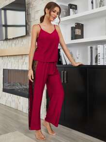 拼接波點網紗吊帶上衣和褲子睡衣套裝 - 酒紅色 - 查看 4