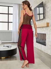 拼接波點網紗吊帶上衣和褲子睡衣套裝 - 酒紅色 - 查看 6
