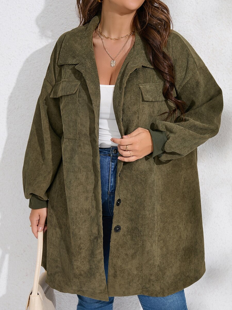 SHEIN LUNE 大碼落肩袖翻蓋口袋燈芯絨大衣 - 軍綠色 - 查看 1