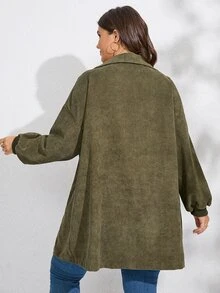 SHEIN LUNE 大碼落肩袖翻蓋口袋燈芯絨大衣 - 軍綠色 - 查看 2