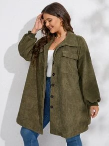 SHEIN LUNE 大碼落肩袖翻蓋口袋燈芯絨大衣 - 軍綠色 - 查看 3