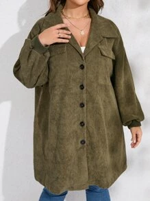 SHEIN LUNE 大碼落肩袖翻蓋口袋燈芯絨大衣 - 軍綠色 - 查看 4