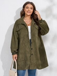 SHEIN LUNE 大碼落肩袖翻蓋口袋燈芯絨大衣 - 軍綠色 - 查看 6