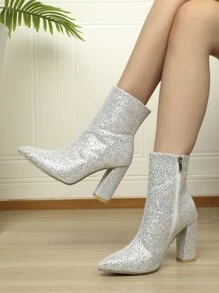 Giày bốt Nữ Thời trang long lanh Cuộn màu trơn Dây kéo bên Hấp dẫn - Bạc - Xem 2