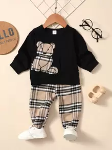 SHEIN Baby Boy Bear Embroidery Plaid Pullover & Joggers - Multicolor - View 1