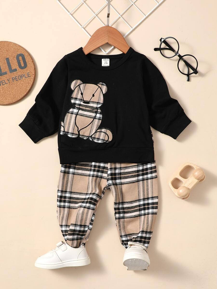 SHEIN Baby Boy Bear Embroidery Plaid Pullover & Joggers - Multicolor - View 1
