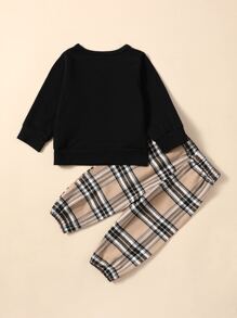 SHEIN Baby Boy Bear Embroidery Plaid Pullover & Joggers - Multicolor - View 2