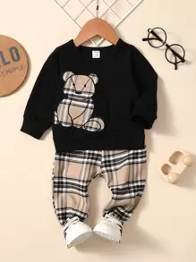 SHEIN Baby Boy Bear Embroidery Plaid Pullover & Joggers - Multicolor - View 3
