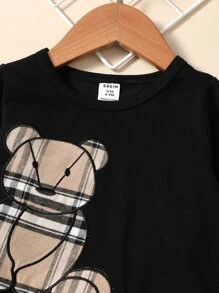 SHEIN Baby Boy Bear Embroidery Plaid Pullover & Joggers - Multicolor - View 5