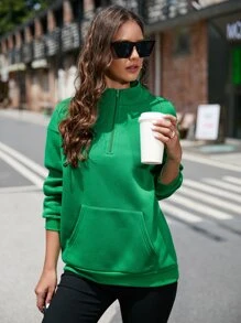 SHEIN LUNE Half Zipper Placket Drop Shoulder Sweatshirt - Green - View 1