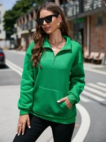SHEIN LUNE Half Zipper Placket Drop Shoulder Sweatshirt - Green - View 5