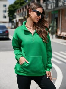 SHEIN LUNE Half Zipper Placket Drop Shoulder Sweatshirt - Green - View 6