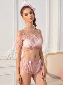 ROMWE Ditsy Floral Frill Bow Decor Lingerie Set - Multicolor - View 2