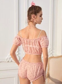 ROMWE Ditsy Floral Frill Bow Decor Lingerie Set - Multicolor - View 3