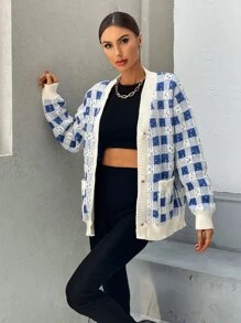 SHEIN Unity Plaid Pattern Dual Pocket Drop Shoulder Cardigan - Blue and White - View 1