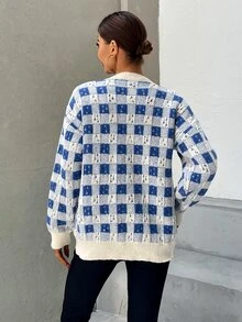 SHEIN Unity Plaid Pattern Dual Pocket Drop Shoulder Cardigan - Blue and White - View 2