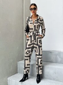 GENKIRA Geo Print Zipper Belted Shirt Jumpsuit - Multicolor - View 3