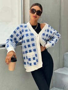 SHEIN Unity Plaid Pattern Dual Pocket Drop Shoulder Cardigan - Blue and White - View 3