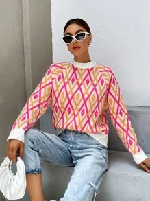 SHEIN Essnce Argyle Pattern Mock Neck Raglan Sleeve Jumper