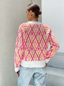 SHEIN Essnce Argyle Pattern Mock Neck Raglan Sleeve Jumper
