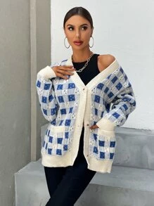 SHEIN Unity Plaid Pattern Dual Pocket Drop Shoulder Cardigan - Blue and White - View 4