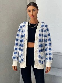 SHEIN Unity Plaid Pattern Dual Pocket Drop Shoulder Cardigan - Blue and White - View 5