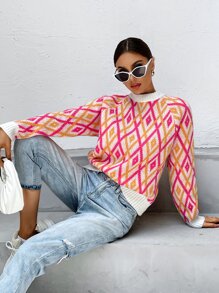 SHEIN Essnce Argyle Pattern Mock Neck Raglan Sleeve Jumper