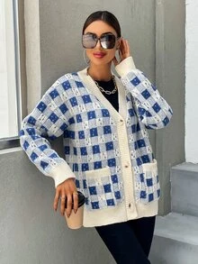 SHEIN Unity Plaid Pattern Dual Pocket Drop Shoulder Cardigan - Blue and White - View 6