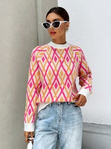 SHEIN Essnce Argyle Pattern Mock Neck Raglan Sleeve Jumper